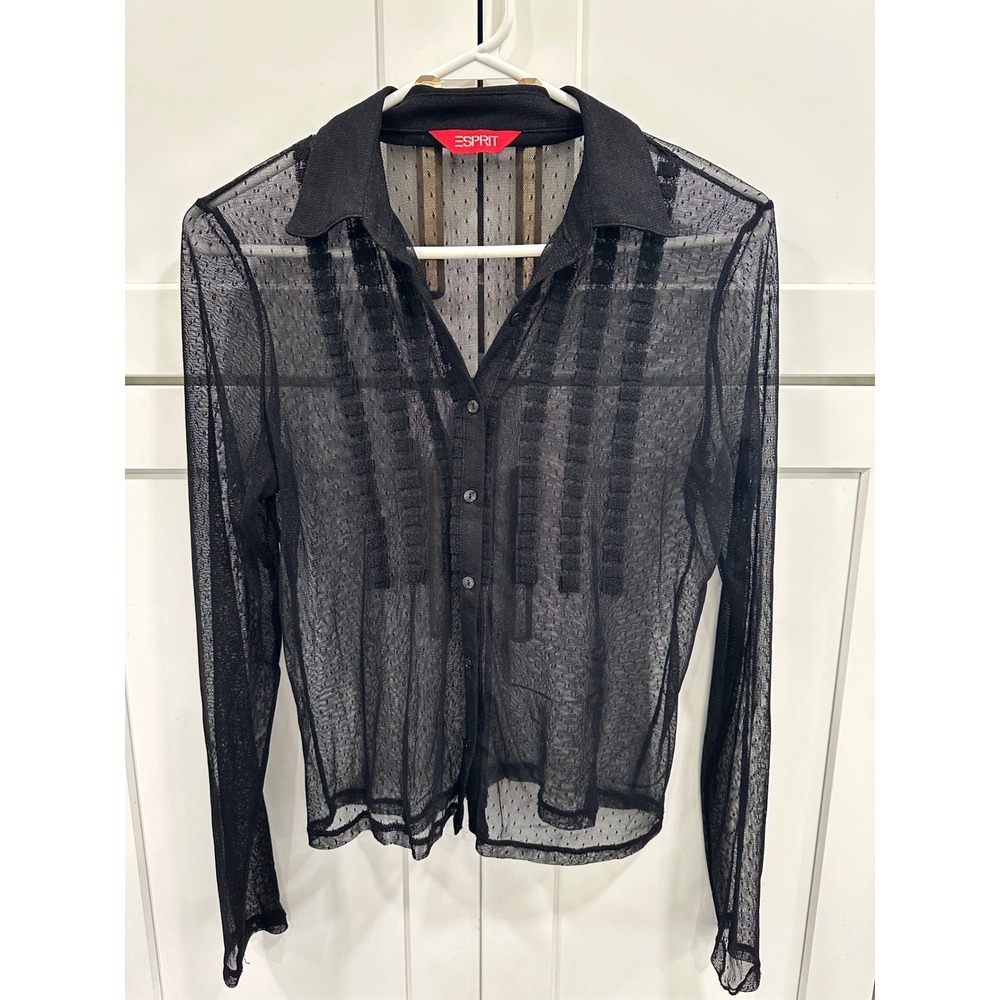 Esprit Black Sheer Mesh Dotted Ruffle Tuxedo Blouse Long Sleeve Top Womens L